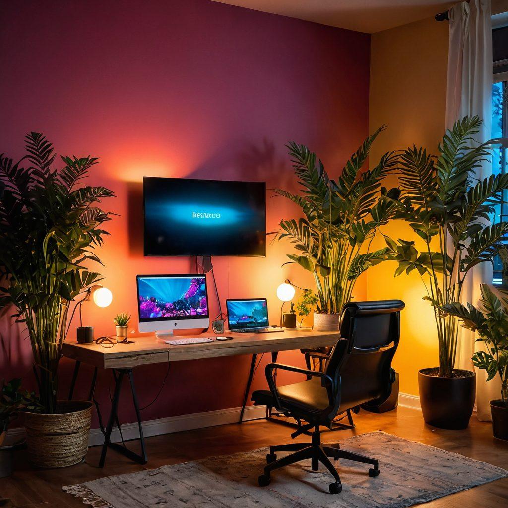 A captivating scene of a modern home studio with a glowing computer screen showcasing a live streaming session, featuring a confident performer engaging playfully with an audience. Soft lighting highlights the vibrant colors of the background, hinting at an intimate yet electrifying atmosphere. Include decorative elements like stylish chairs, exotic plants, and alluring artwork to enhance the ambiance. super-realistic. vibrant colors. soft focus.